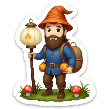 full body man long brown hair brown eyes medium beard white skin carrying glowing mushroom lantern sticker