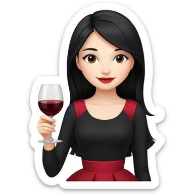 Juni – Cewe ramah  Kulit putih bersih, rambut hitam panjang sleek lurus. Pakai peplum item .  tatapan percaya diri senyum. setengah badan makeupnya bold pegang wine sticker