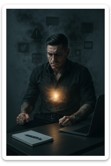 A highly realistic, cinematic image of a young man in his early 30s, sitting at a modern office desk under harsh artificial lighting, shoulders hunched, jaw clenched, and breathing shallowly, symbolizing how modern society forces people to live in a state of chronic tension and restricted breathing. Around him, faint black and grey visual elements represent notifications, deadlines, social media icons, and news alerts, swirling around his head like a chaotic storm, symbolizing societal pressure. His chest appears visually tight and compressed, and faint dark smoke emanates from his body, representing blocked breath and internalized stress. In contrast, a faint glowing light near his chest and abdomen tries to expand, symbolizing the innate desire of the body to breathe freely and deeply. The environment is cold and minimalistic, with a sense of stillness and tension, captured in a hyperrealistic 35mm film style with muted colors, focusing on the man's tense posture and restricted breathing to reflect the unseen burden of modern living. sticker