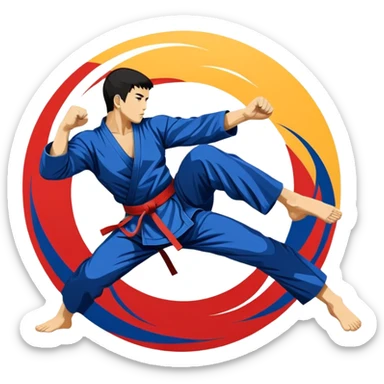 An emblem-style design featuring crossed martial arts weapons like a fist and foot, symbolizing striking combat sports. The background includes a silhouette of a fighter in an action pose, with dynamic lines and bold colors, showcasing speed and power. Transparent background. sticker