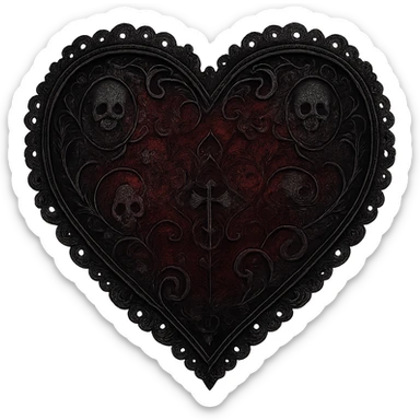 goth heart, black and deep red, ornate lace, subtle skull or cross motif, moody atmosphere, no background sticker