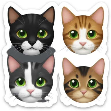 brown tabby cat with green eyes, black tuxedo cat with green eyes, dark brown kitten with orange eyes sticker