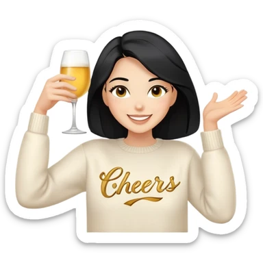 A woman with longer black hair, light to medium skin tone, full cheeks, and almond-shaped eyes, wearing a simple white sweater with the word 'cheers' in gold script, joyful and radiant expression, cheerful. sticker