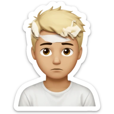caramel skin color. Teen age. Short buzz, messy blonde hair, dark brown bushy eyebrows large expressive golden-brown eyes, brown skin color, scar over nose, wearing a plain white t-shirt. 20 year old male. thinking facial expression. caramel skin color.  sticker