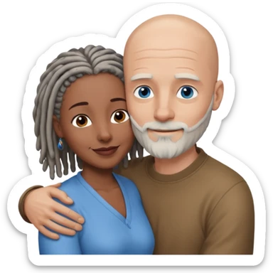 Tall bald white man with a short white beard and blue eyes in a lovingly embrace with a black woman with brown eyes and grey hair dreads sticker
