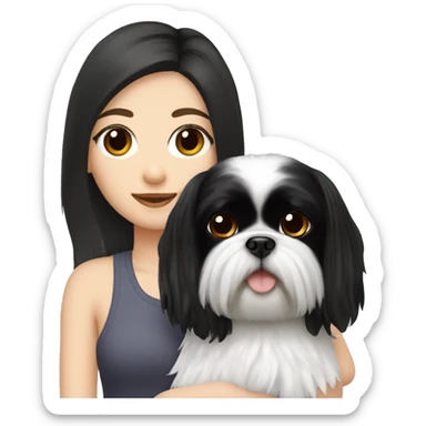 white girl with black hair and eyes holding a black shih tzu sticker