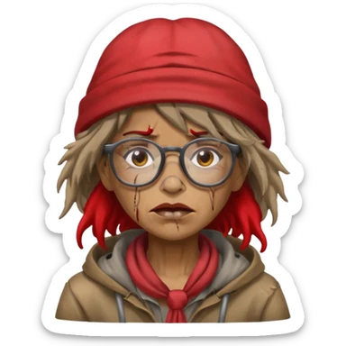 very dirty looking homeless woman with ripped red hat with ugly hair and glassess sticker