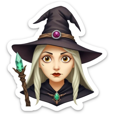 Baba Yaga sorceress woman, classic witch hat, mysterious expression sticker