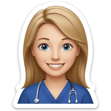middle aged woman with grey eyes, long, straight light brown / dark blonde hair, grey-blue eyes, winged eyeliner, natural makeup, wearing navy blue scrub top, smiling with teeth showing sticker