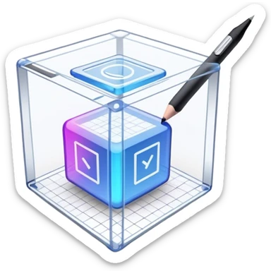 Create an emoji for 3D visualization and modeling. Show a 3D wireframe model or shape (e.g., a cube or sphere) with a design tool like a stylus or 3D rendering software interface. Use modern, professional colors. Do not include any emojis or smiley faces. Make the background transparent. sticker