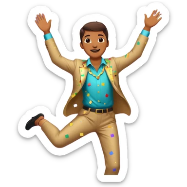 An energetic, celebratory emoji-style scene featuring a dancing figure surrounded by confetti, party streamers, and festive sparkles. Bright, colorful, joyful, and full of movement. sticker