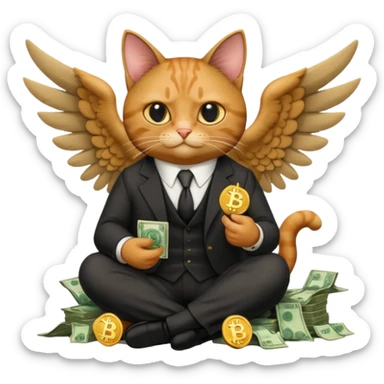 cat wings mafia corleone sitting on money, bitcoin BTC on hand sticker