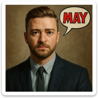 realistic digital painting of a Justin Timberlake lookalike with 'MAY' in a comic bubble sticker