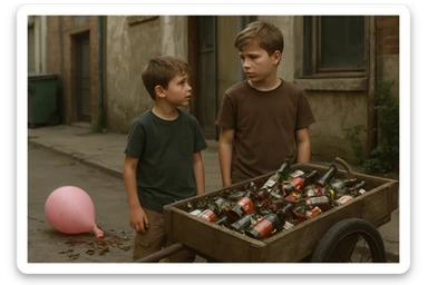 g'ildiragi singan ichimliklar ortilgan arava bir baloni singan uni yonida aka uka havotirli nigoh bilan bir biriga qarab turishibdi realistik qilib ber sticker