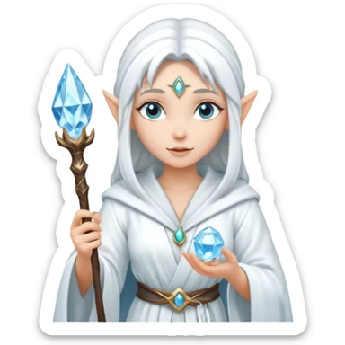 {
      "type": "human",
      "look": "snow elf sorceress, white robe, silver staff, ice gem top",
      "description": "a snow elf sorceress in a white robe with a silver staff topped by an ice gem"
    } sticker