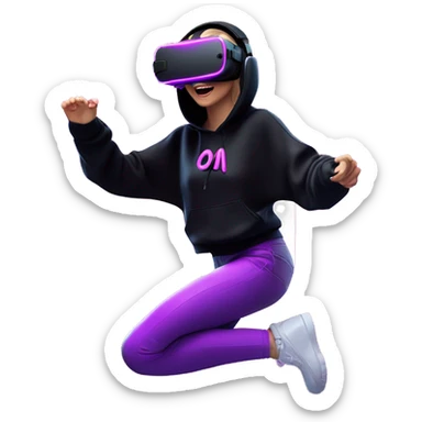 Russian girl wearing black hoody with violet letters "OMG", in vr headset oculus quest2. jumping. Cyberpunk style. Violet neon. sticker