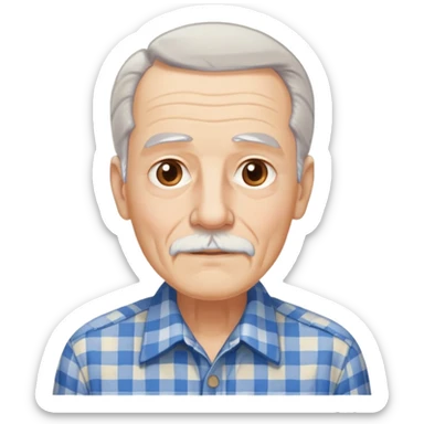 Elderly man with light skin. Elongated face with kind expression. Light brown eyes. Thin eyebrows. White goatee and white mustache. Gray-white hair combed back. Wearing a blue and beige checkered button-up shirt. sticker