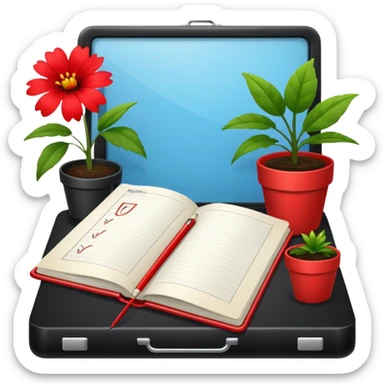 F U E R A    DE    O F I C I N A y detrás un escritorio moderno, con una notebook, una agenda y una planta con una flor sticker