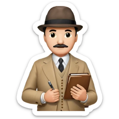 A cinematic-style frame showing Hercule Poirot in his iconic suit with a notebook in a dramatic detective pose. Background should be mysterious city, map, a board with photos of suspects, clues like fingerprints. Transparent background. sticker
