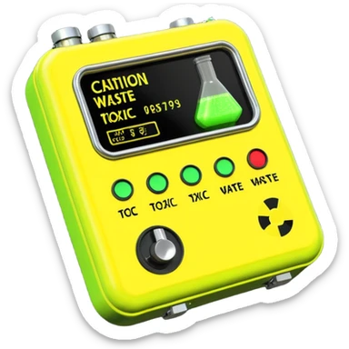 3D render of Geiger Counte, toxic waste aesthetic, neon green bubbling liquid, caution yellow metal, industrial warning texture. sticker