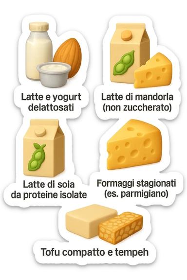 emoji stile iphone 3d di questi elementi che fluttuano in aria:

Latte e yogurt delattosati
Latte di mandorla (non zuccherato)
Latte di soia da proteine isolate
Formaggi stagionati (es. parmigiano)
Tofu compatto e tempeh
 che fluttuano in aria,  le etichette scrivile in italiano, iperealistico 4k sticker