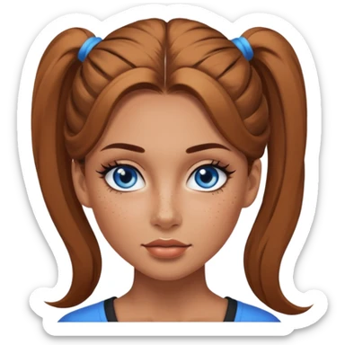 Attractive Woman with tan skin, baddie style, blue eyes, wide face, freckles, and a long voluminous ponytail and dark eye makeup sticker