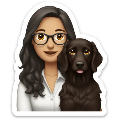 Woman with  darkbrown long hair wearing glasses holding a flat coated retriver in her arms sticker