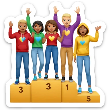 multi-racial people in colorful jeans t-shirts and hoodies on a winners’ podium middle step higher no numbers excited fun expressive emoji style sticker