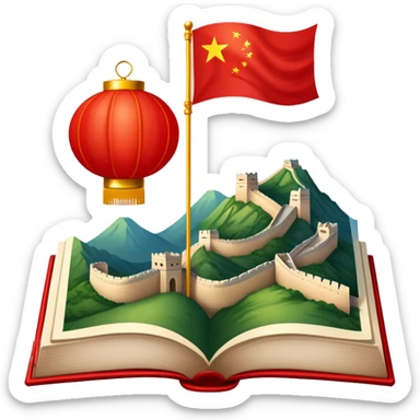 An icon featuring the Great Wall of China and the big flag of China, symbolizing the Chinese language. The design includes an open book with Chinese characters and a red lantern, representing language learning. Transparent background highlights the depth of Chinese heritage. sticker
