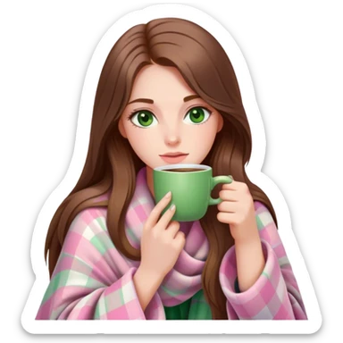 A pretty white woman with long brown hair and green eyes wrapped in pastel pink plaid blanket drinking coffee sticker