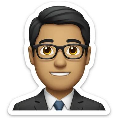 A man with glasses and a suit with straight black hair and a dark face sticker
