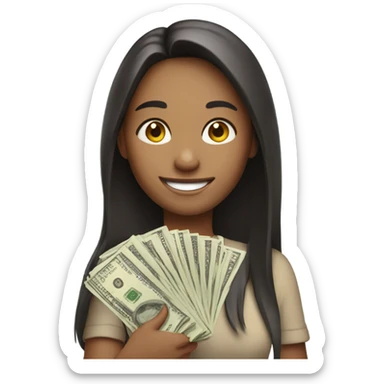 smiling girl with long hair holding cash sticker