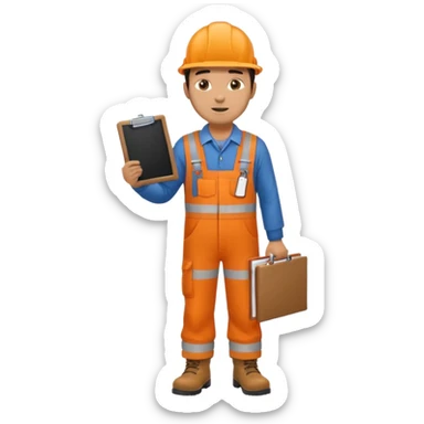 Male railway engineer orange overalls, boots holding a clipboard in one hand sticker