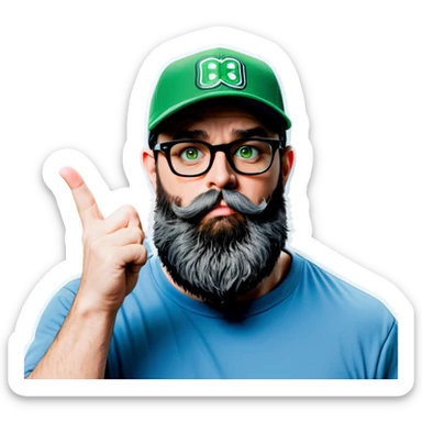 A bold man with a grey baseball cap, green eyes, big beard and glasses blows a kiss sticker