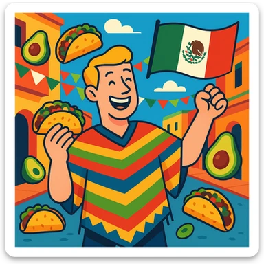 festive Cinco de Mayo cartoon of a tall white American with blonde hair, smiling, wearing a colorful poncho, holding a taco and an avocado, waving a Mexico flag, surrounded by tacos and avocados, on a lively street background, bright and bold colors sticker