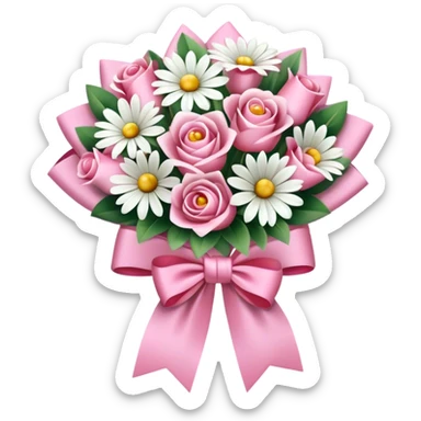 A bouquet of white and pink flowers rapped in a pink bow sticker