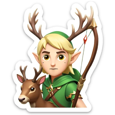 clash-of-clans-aesthetic-focused-elf-archer-portrait-emoji, rendered in a flat, vector-style with minimal shading and bold, simplified shapes, head tilted slightly forward with a determined, focused expression, riding a majestic stag whose luminous antlers glow with mystical energy, set against an ancient, enchanted forest backdrop. sticker