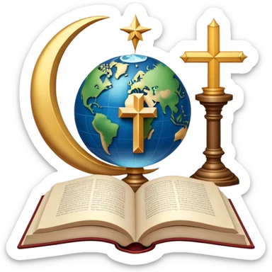 An icon featuring religious symbols like a cross, crescent moon, and star, alongside an open book, symbolizing the study of religion. The design includes a globe and a temple in the background, representing global faith traditions and spiritual exploration. Transparent background sticker