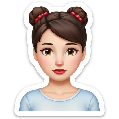 “Emoji brunette girl hair in bun white top, dewy skin, heavy blush across cheeks and nose bridge, glossy cherry lips, soft eyeliner, teary sparkling eyes like hanni from new jeans sticker