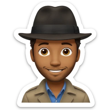 Black man photographer wearing black fedora, short dark brown messy hair, stubble, smiling sticker