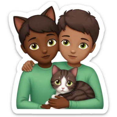 Crea un emoji donde salga un chico moreno con los ojos claros, una chica morena con los ojos marrones y SOLO UN gato europeo comun de pelaje oscuro y ojos verde claro, quiero que se esten abrazando y el gato este en el medio del chico y la chica sticker