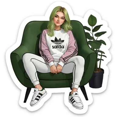 Girl long bright blonde highlighted hair middle part with rosy cheeks and plump mauve lips green eyes and wearing a white sweatshirt and black leggings with black and white adidas OG Samba sneakers sitting in a cozy chair posing with legs over the side of chair  sticker