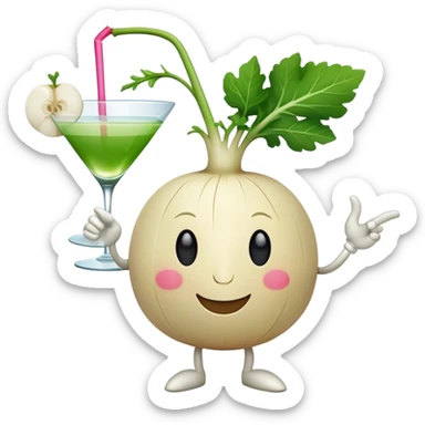 white turnip with smiling face and leafy stalk dancing and drinking a cocktail sticker
