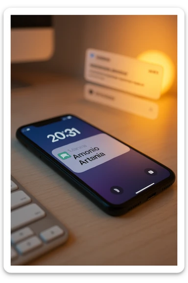 A photo of an iPhone with the message "Antonio Anania" on its screen, The phone sits atop a desk with a blurred background that suggests work environment. A faint glow from above casts gentle shadows across the surface of each object, creating depth and highlighting their textures. sticker