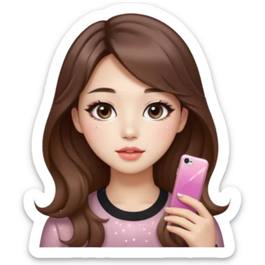 “korean straight brown hair Emoji girl, soft eyeliner and blush, gradient lips, light brown shimmer eyeshadow, sparkly aegyo-sal, long wavy hair,  sticker