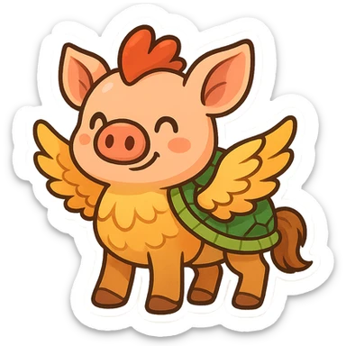 cartoonish fusion of pig, chicken, turtle, and horse, with elements from each animal clearly visible, colorful, playful sticker