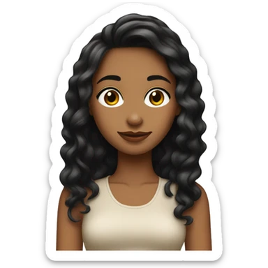 Una chica con cabello ondulado negro y largo hasta los hombros, con lindas pestañas y un top beig sticker