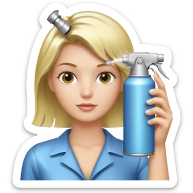 In her hand - a classic aerosol hairspray can (metallic cylinder, small spray nozzle on top). The can is spraying fine mist particles toward her hair, clearly visible as light translucent spray cloud. sticker