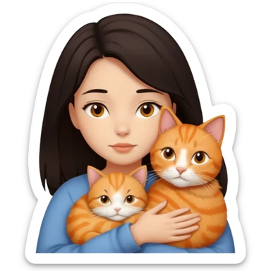 dark-black-brown-hair-to-shoulder girl with brown eyes snuggled with orange tabby cat sticker