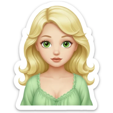 beautiful pale blonde woman green eyes with long eyelashes wavy hair plump lips wearing a pastel yellow babydoll nightgown sticker
